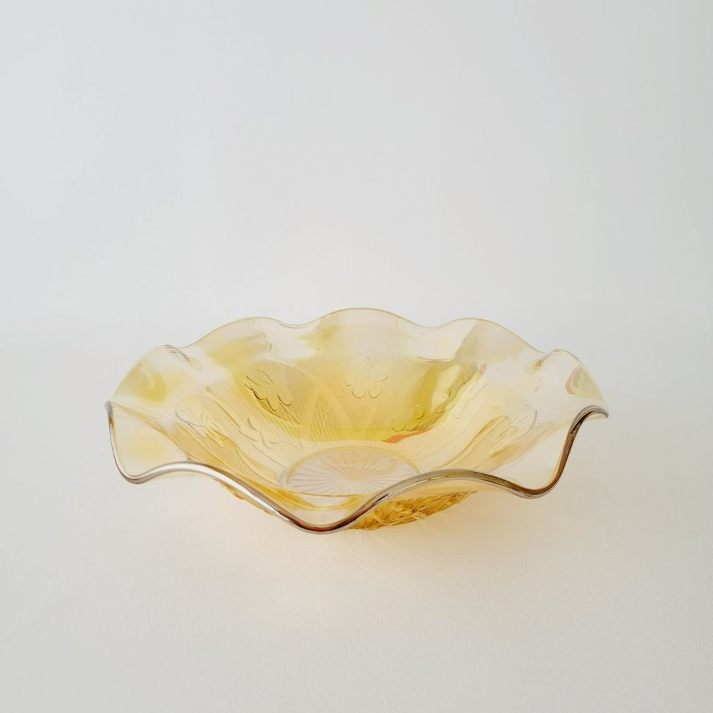 Vintage Gold Jeannette Depression Glass Iris and Herringbone Ruffled Fruit Bowl